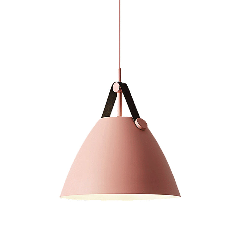 Modernist Conical Pendant Lighting 10.5"/14" W 1 Bulb Metallic Suspension Light with Leather Strap in Black/Blue over Table Clearhalo 'Ceiling Lights' 'Modern Pendants' 'Modern' 'Pendant Lights' 'Pendants' Lighting' 161198