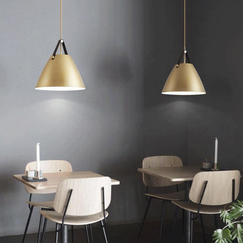 Modernist Conical Pendant Lighting 10.5"/14" W 1 Bulb Metallic Suspension Light with Leather Strap in Black/Blue over Table Clearhalo 'Ceiling Lights' 'Modern Pendants' 'Modern' 'Pendant Lights' 'Pendants' Lighting' 161199