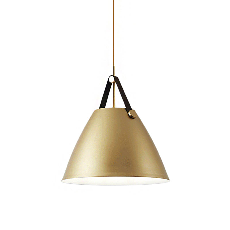 Modernist Conical Pendant Lighting 10.5"/14" W 1 Bulb Metallic Suspension Light with Leather Strap in Black/Blue over Table Clearhalo 'Ceiling Lights' 'Modern Pendants' 'Modern' 'Pendant Lights' 'Pendants' Lighting' 161200