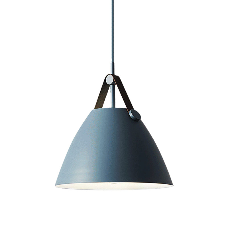 Modernist Conical Pendant Lighting 10.5"/14" W 1 Bulb Metallic Suspension Light with Leather Strap in Black/Blue over Table Clearhalo 'Ceiling Lights' 'Modern Pendants' 'Modern' 'Pendant Lights' 'Pendants' Lighting' 161202