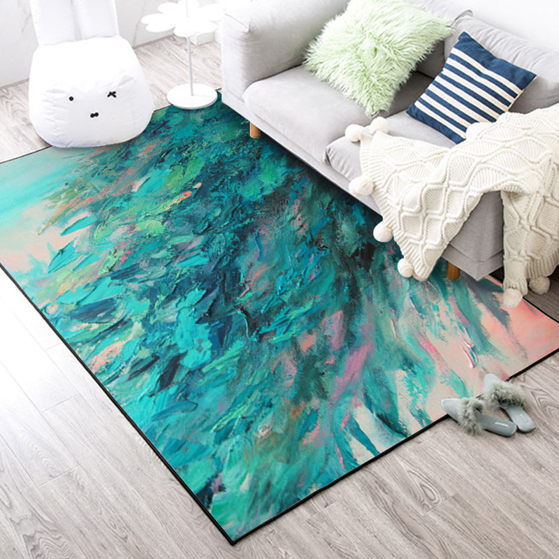 Nordic Oil Painting Pattern Rug Green Polyester Rug Machine Washable Non-Slip Area Rug for Bedroom Clearhalo 'Area Rug' 'Modern' 'Rugs' Rug' 1612078