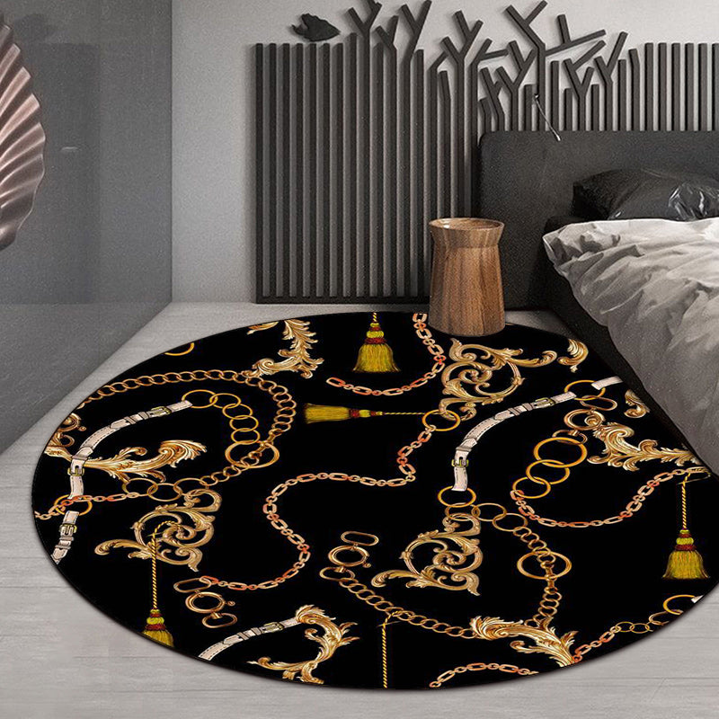 Scandinavian Modern Rug in Black Belt Chain Circle Tassel Pattern Rug Polyester Anti-Slip Carpet for Home Decoration Black Clearhalo 'Area Rug' 'Modern' 'Rugs' Rug' 1612584