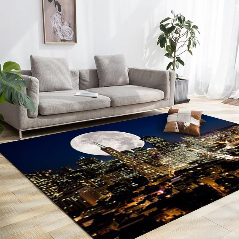 Contemporary Geography Pattern Rug with Moon Dark Blue Polyester Rug Machine Washable Non-Slip Area Rug for Bedroom Clearhalo 'Area Rug' 'Modern' 'Rugs' Rug' 1613363