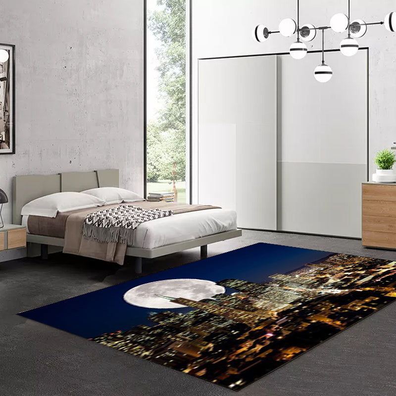 Contemporary Geography Pattern Rug with Moon Dark Blue Polyester Rug Machine Washable Non-Slip Area Rug for Bedroom Clearhalo 'Area Rug' 'Modern' 'Rugs' Rug' 1613364