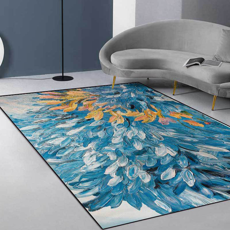 Unique Oil Painting Pattern Rug Blue Contemporary Rug Polyester Washable Anti-Slip Backing Area Rug for Living Room Blue Clearhalo 'Area Rug' 'Modern' 'Rugs' Rug' 1613546