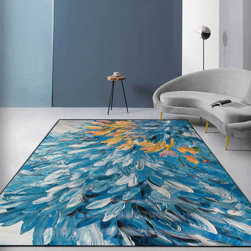 Unique Oil Painting Pattern Rug Blue Contemporary Rug Polyester Washable Anti-Slip Backing Area Rug for Living Room Clearhalo 'Area Rug' 'Modern' 'Rugs' Rug' 1613547