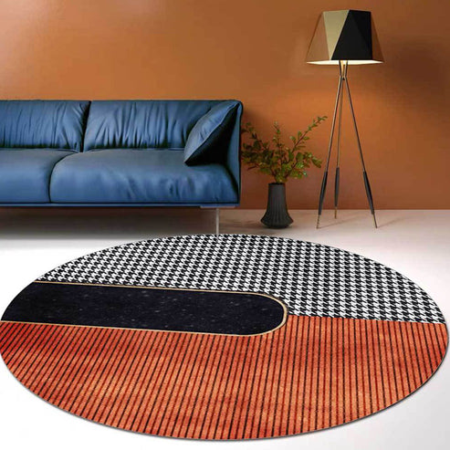 Orange and Black Modern Rug Polyester Striped and Houndstooth Pattern ...