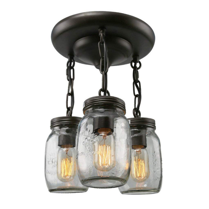 Mason Jar Etched Clear Glass Semi Flush Industrial 3/5-Bulb Dining Room Light Fixture Clearhalo 'Ceiling Lights' 'Close To Ceiling Lights' 'Close to ceiling' 'Glass shade' 'Glass' 'Semi-flushmount' Lighting' 161388
