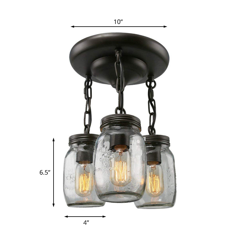 Mason Jar Etched Clear Glass Semi Flush Industrial 3/5-Bulb Dining Room Light Fixture Clearhalo 'Ceiling Lights' 'Close To Ceiling Lights' 'Close to ceiling' 'Glass shade' 'Glass' 'Semi-flushmount' Lighting' 161389