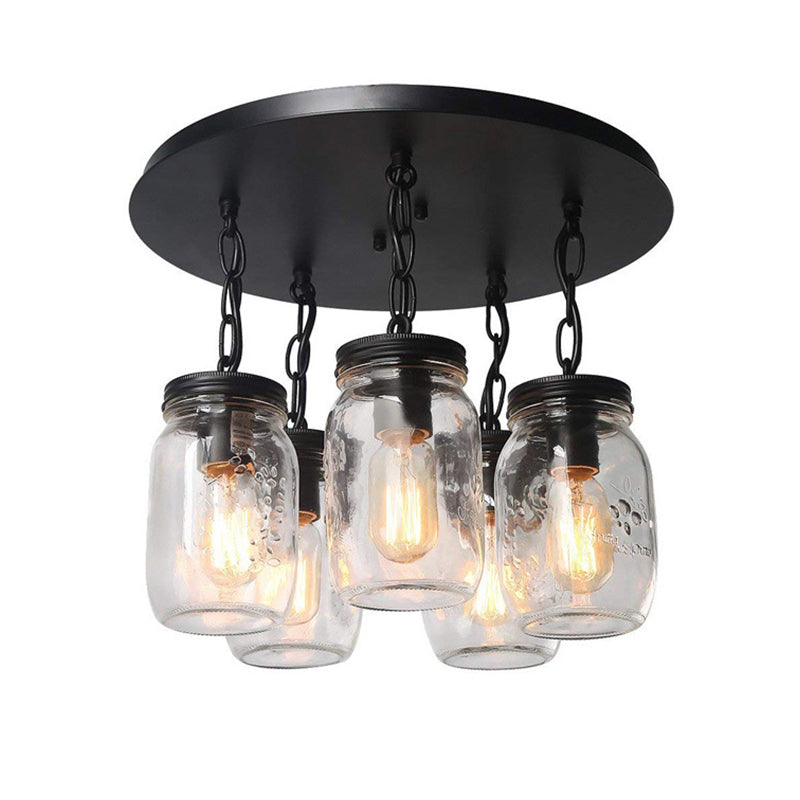 Mason Jar Etched Clear Glass Semi Flush Industrial 3/5-Bulb Dining Room Light Fixture Clearhalo 'Ceiling Lights' 'Close To Ceiling Lights' 'Close to ceiling' 'Glass shade' 'Glass' 'Semi-flushmount' Lighting' 161393