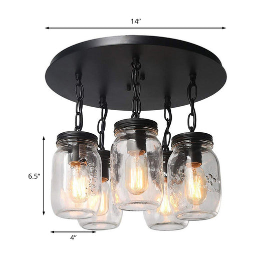 Mason Jar Etched Clear Glass Semi Flush Industrial 3/5-Bulb Dining Room Light Fixture Clearhalo 'Ceiling Lights' 'Close To Ceiling Lights' 'Close to ceiling' 'Glass shade' 'Glass' 'Semi-flushmount' Lighting' 161394