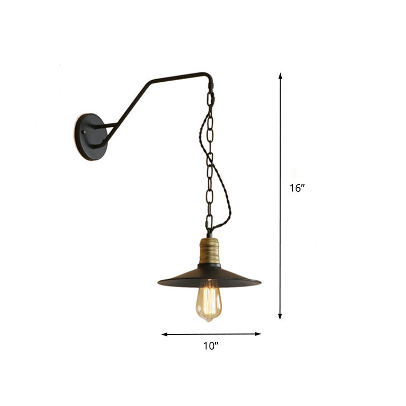 1 Bulb Wall Hanging Light with Flat Shade and Chain Metal Vintage Style Living Room Sconce Lighting in Black, 7"/10" W Clearhalo 'Art deco wall lights' 'Cast Iron' 'Glass' 'Industrial wall lights' 'Industrial' 'Middle century wall lights' 'Modern' 'Rustic wall lights' 'Tiffany' 'Traditional wall lights' 'Wall Lamps & Sconces' 'Wall Lights' Lighting' 161408