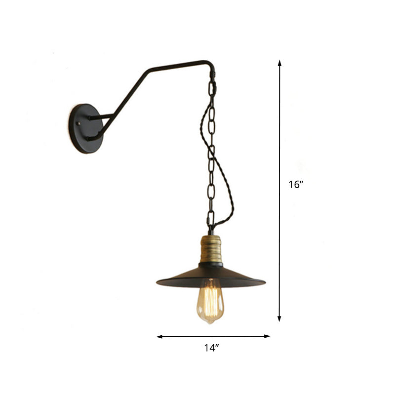 1 Bulb Wall Hanging Light with Flat Shade and Chain Metal Vintage Style Living Room Sconce Lighting in Black, 7"/10" W Clearhalo 'Art deco wall lights' 'Cast Iron' 'Glass' 'Industrial wall lights' 'Industrial' 'Middle century wall lights' 'Modern' 'Rustic wall lights' 'Tiffany' 'Traditional wall lights' 'Wall Lamps & Sconces' 'Wall Lights' Lighting' 161409