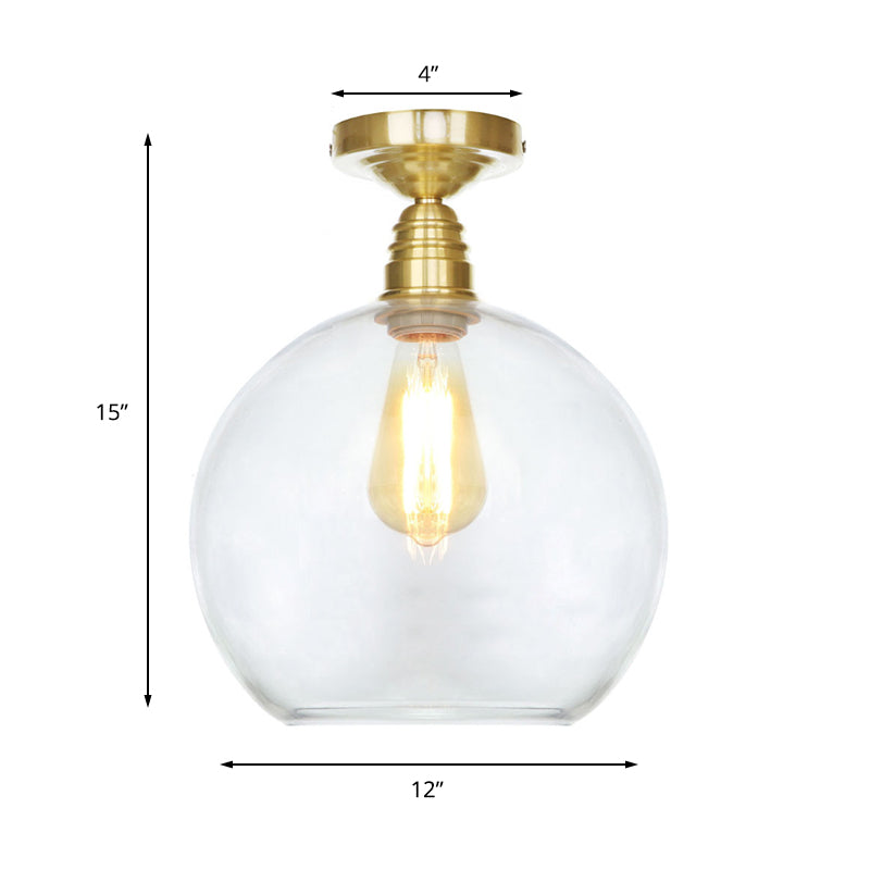 1 Light Spherical Semi Flush Light Brass Industrial Clear/Amber Glass Ceiling Mount, 8"/10"/12" Wide Clearhalo 'Ceiling Lights' 'Close To Ceiling Lights' 'Close to ceiling' 'Glass shade' 'Glass' 'Semi-flushmount' Lighting' 161414