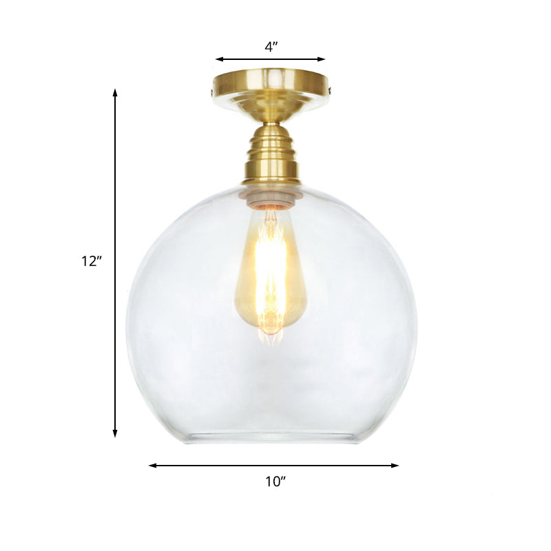 1 Light Spherical Semi Flush Light Brass Industrial Clear/Amber Glass Ceiling Mount, 8"/10"/12" Wide Clearhalo 'Ceiling Lights' 'Close To Ceiling Lights' 'Close to ceiling' 'Glass shade' 'Glass' 'Semi-flushmount' Lighting' 161415