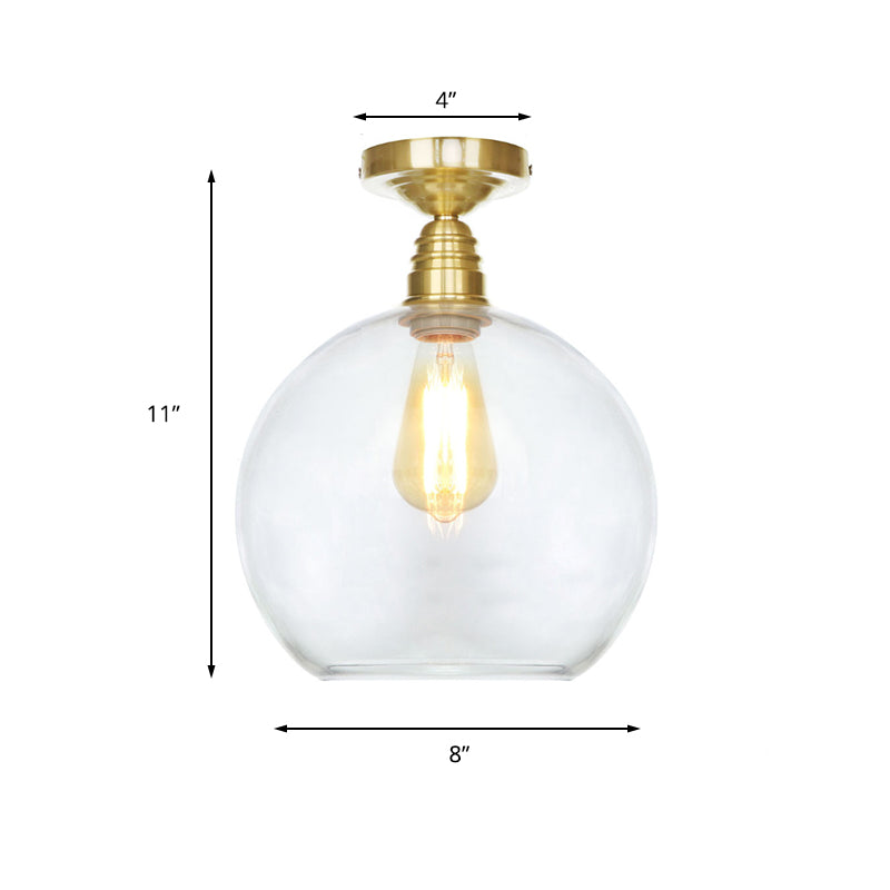 1 Light Spherical Semi Flush Light Brass Industrial Clear/Amber Glass Ceiling Mount, 8"/10"/12" Wide Clearhalo 'Ceiling Lights' 'Close To Ceiling Lights' 'Close to ceiling' 'Glass shade' 'Glass' 'Semi-flushmount' Lighting' 161416