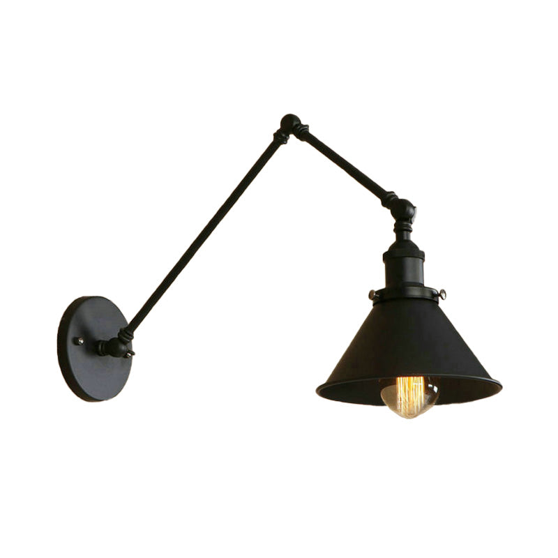 1 Head Sconce Lighting with Conic Shade and Swing Arm Metal Retro Style Indoor Wall Lamp in Black Clearhalo 'Art deco wall lights' 'Cast Iron' 'Glass' 'Industrial wall lights' 'Industrial' 'Middle century wall lights' 'Modern' 'Rustic wall lights' 'Tiffany' 'Traditional wall lights' 'Wall Lamps & Sconces' 'Wall Lights' Lighting' 161422