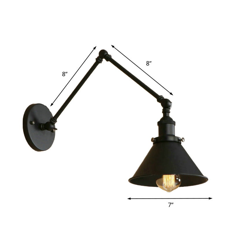 1 Head Sconce Lighting with Conic Shade and Swing Arm Metal Retro Style Indoor Wall Lamp in Black Clearhalo 'Art deco wall lights' 'Cast Iron' 'Glass' 'Industrial wall lights' 'Industrial' 'Middle century wall lights' 'Modern' 'Rustic wall lights' 'Tiffany' 'Traditional wall lights' 'Wall Lamps & Sconces' 'Wall Lights' Lighting' 161423