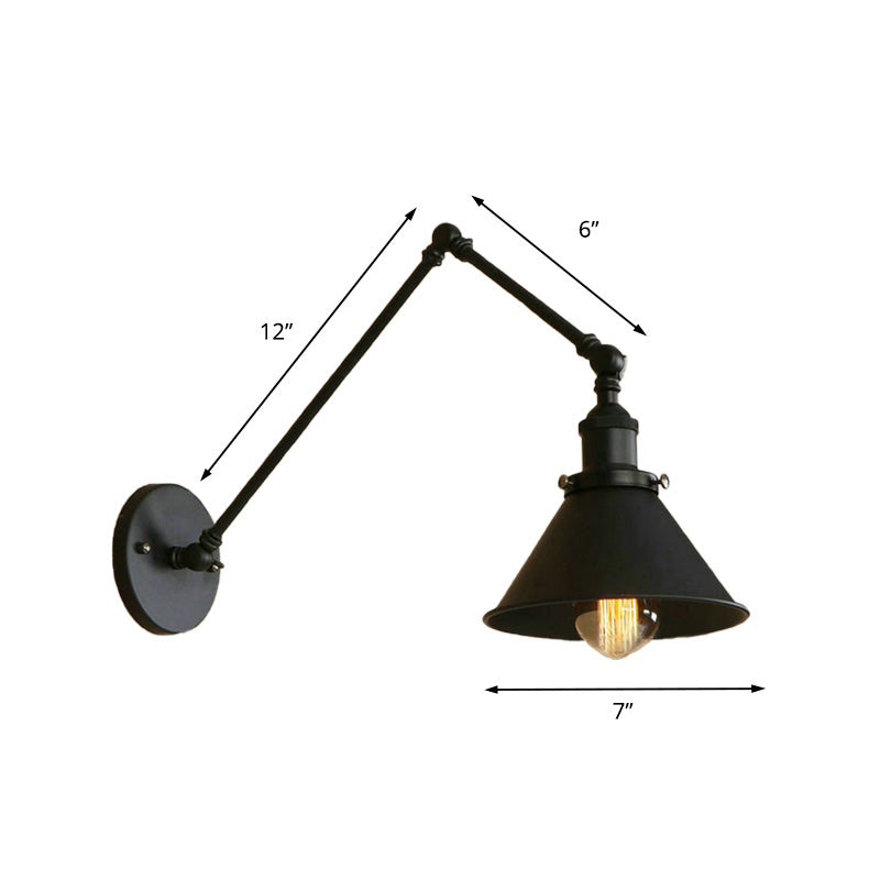 1 Head Sconce Lighting with Conic Shade and Swing Arm Metal Retro Style Indoor Wall Lamp in Black Clearhalo 'Art deco wall lights' 'Cast Iron' 'Glass' 'Industrial wall lights' 'Industrial' 'Middle century wall lights' 'Modern' 'Rustic wall lights' 'Tiffany' 'Traditional wall lights' 'Wall Lamps & Sconces' 'Wall Lights' Lighting' 161424