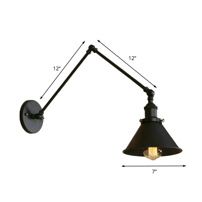 1 Head Sconce Lighting with Conic Shade and Swing Arm Metal Retro Style Indoor Wall Lamp in Black Clearhalo 'Art deco wall lights' 'Cast Iron' 'Glass' 'Industrial wall lights' 'Industrial' 'Middle century wall lights' 'Modern' 'Rustic wall lights' 'Tiffany' 'Traditional wall lights' 'Wall Lamps & Sconces' 'Wall Lights' Lighting' 161425