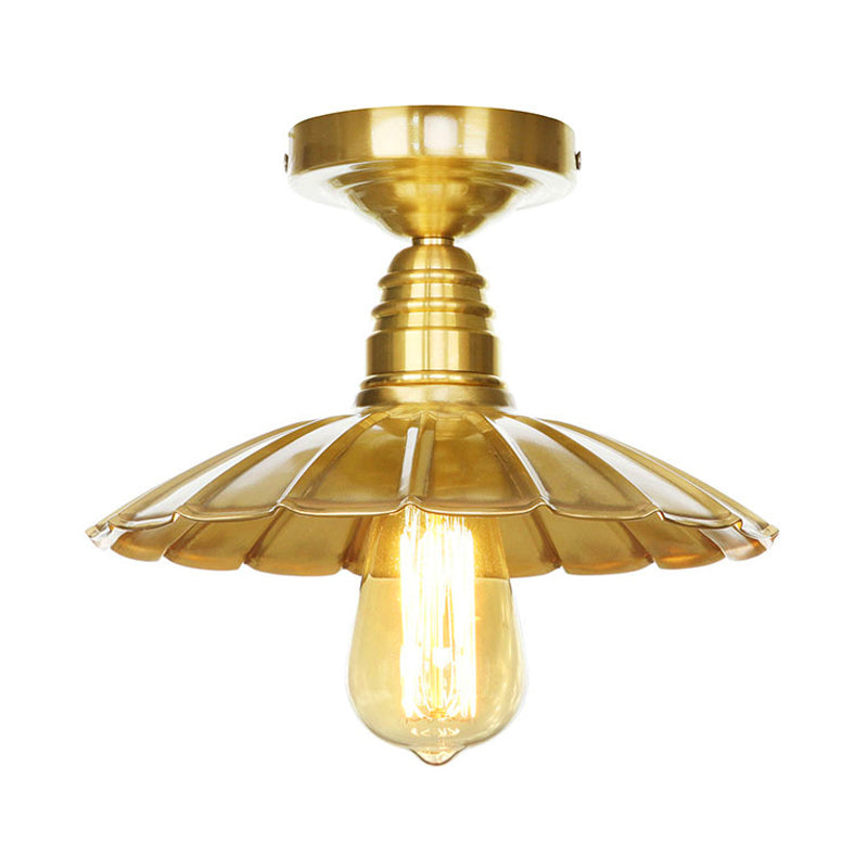 Vintage Style Waveforms/Scalloped Shade Semi Flush Ceiling Light 8"/9.5" W 1 Light Metal Ceiling Fixture in Brass Clearhalo 'Ceiling Lights' 'Close To Ceiling Lights' 'Close to ceiling' 'Semi-flushmount' Lighting' 161432