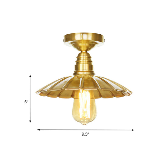 Vintage Style Waveforms/Scalloped Shade Semi Flush Ceiling Light 8"/9.5" W 1 Light Metal Ceiling Fixture in Brass Clearhalo 'Ceiling Lights' 'Close To Ceiling Lights' 'Close to ceiling' 'Semi-flushmount' Lighting' 161433