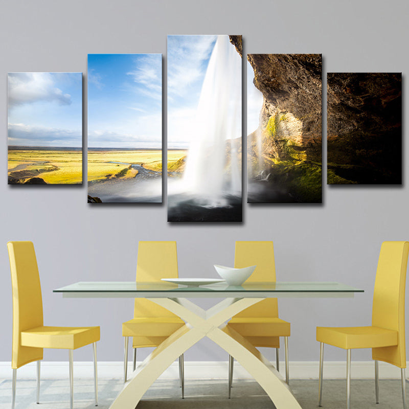 Sky Blue Landscape Wall Art Waterfall View from Inside Modern Multi-Piece Canvas Sky Blue Clearhalo 'Art Gallery' 'Canvas Art' 'Contemporary Art Gallery' 'Modern' Arts' 1614381