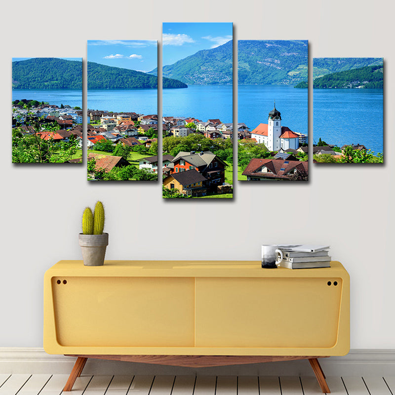 Modern Lake Lucerne Scenery Canvas Art Blue Bedroom Wall Decoration, Multi-Piece Clearhalo 'Art Gallery' 'Canvas Art' 'Contemporary Art Gallery' 'Modern' Arts' 1614510