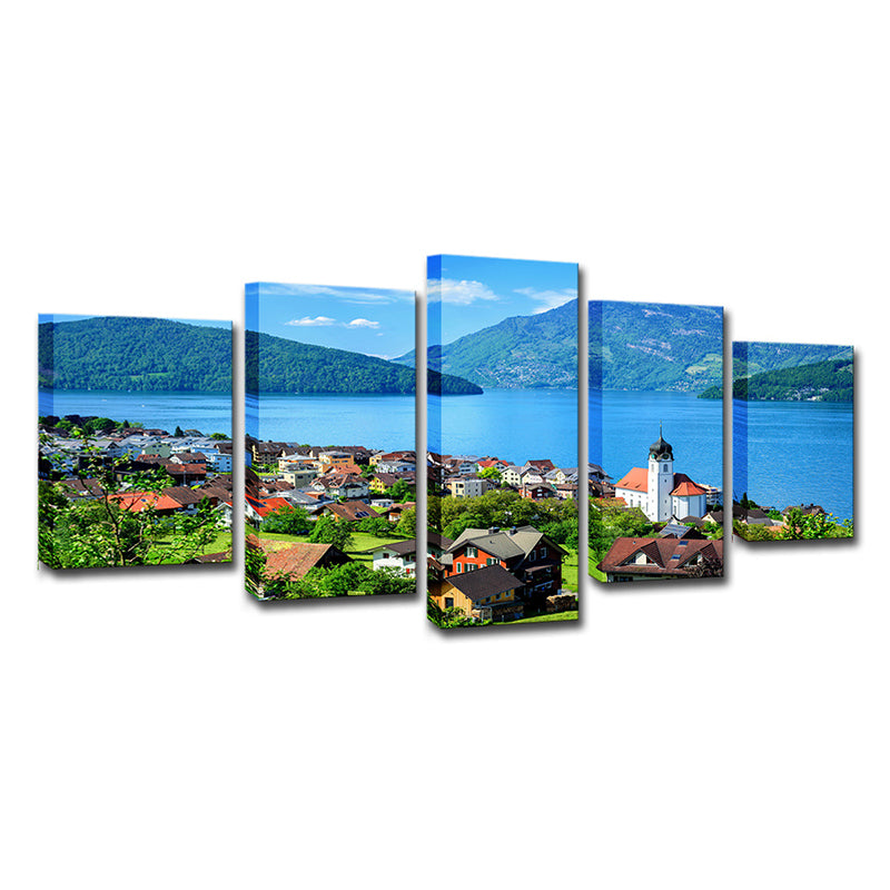 Modern Lake Lucerne Scenery Canvas Art Blue Bedroom Wall Decoration, Multi-Piece Clearhalo 'Art Gallery' 'Canvas Art' 'Contemporary Art Gallery' 'Modern' Arts' 1614511