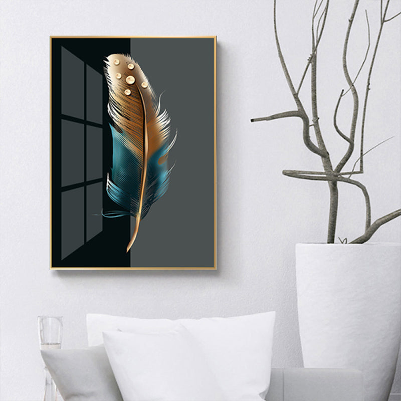 Digital Art Feather Printed Canvas for Living Room, Dark Color, Textured Surface