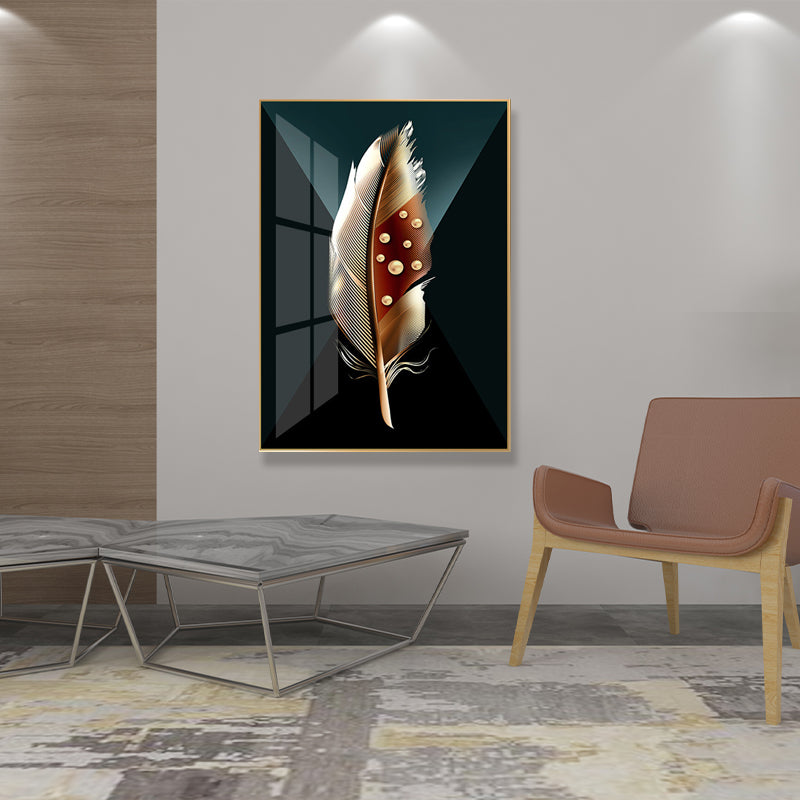 Digital Art Feather Printed Canvas for Living Room, Dark Color, Textured Surface