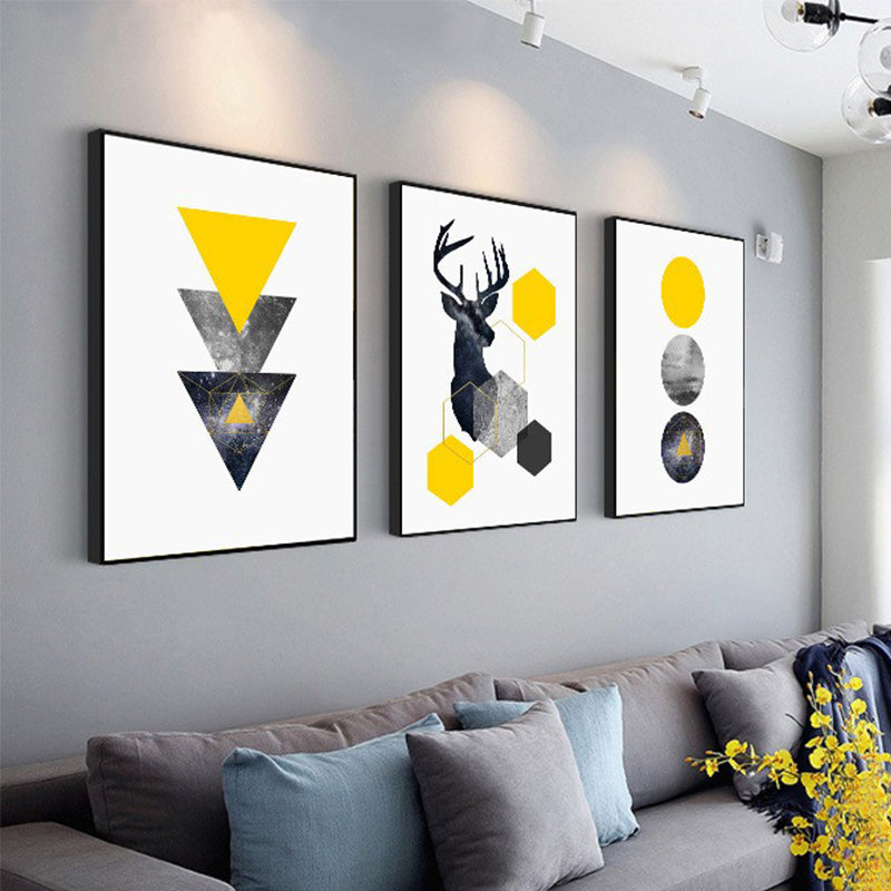 Illustration Simplicity Wall Art Set with Elk and Geometric Pattern in Black-Yellow