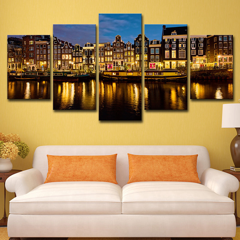 Amsterdam Canal Night Landscape Art Print Modern Multi-Piece Living Room Wall Decor Clearhalo 'Art Gallery' 'Canvas Art' 'Contemporary Art Gallery' 'Modern' Arts' 1614817