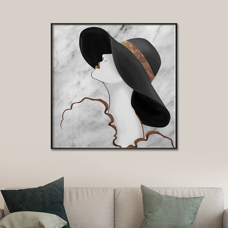 Frau in Floppy Hut Canvas Art Glam Elegante Figur Wanddekor in Schwarz für Mädchenzimmer