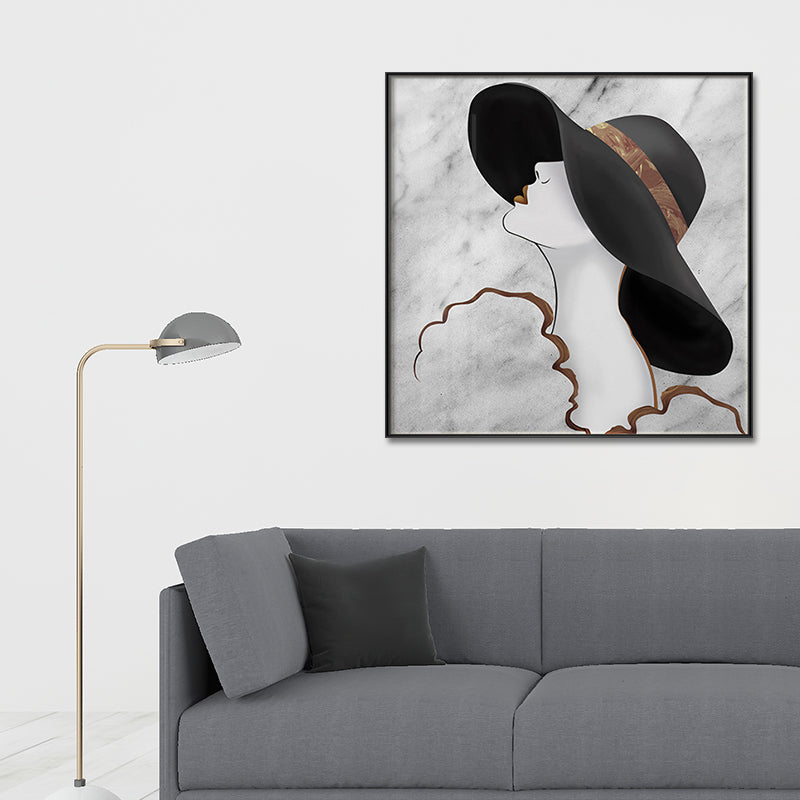 Mujer en floppy hat lienzo arte glam elegante figura decoración de pared en negro para niñas habitaciones