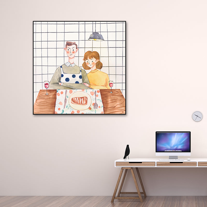 Cook Lover Art Print voor eetkamer figuur muur decor in geelwit, getextureerd