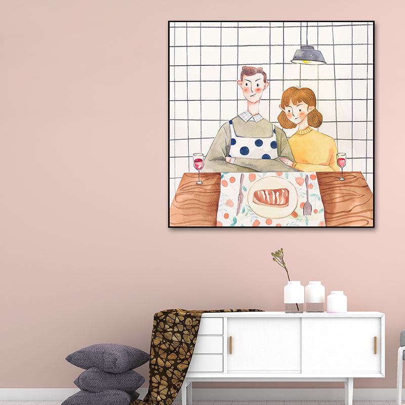 Cook Lover Art Print voor eetkamer figuur muur decor in geelwit, getextureerd