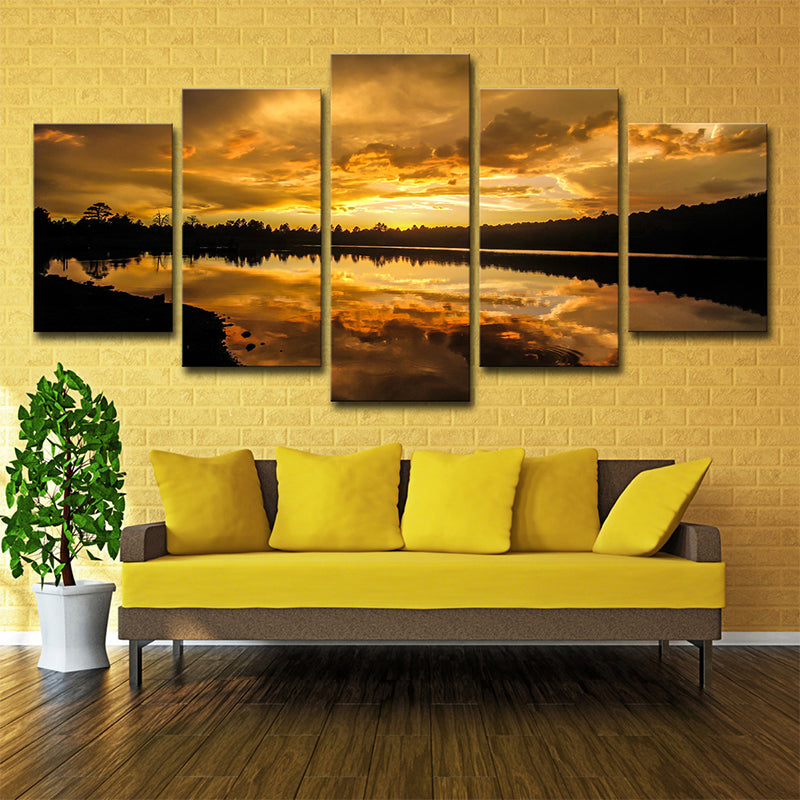 Kaibab Lake Sunset Scenery Canvas Gold Glam Wall Art for Sitting Room, Textured - Gold - Clearhalo - 'Arts' - 'Canvas Art' - 1615056