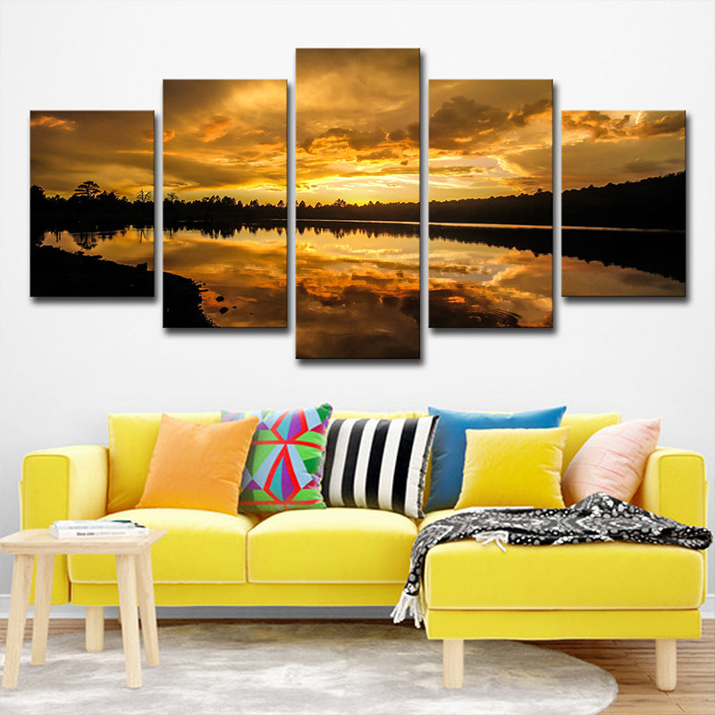 Kaibab Lake Sunset Scenery Canvas Gold Glam Wall Art for Sitting Room, Textured - Clearhalo - 'Arts' - 'Canvas Art' - 1615057