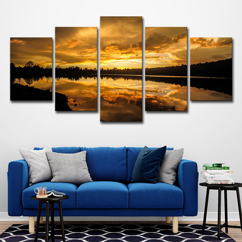 Kaibab Lake Sunset Scenery Canvas Gold Glam Wall Art for Sitting Room, Textured - Clearhalo - 'Arts' - 'Canvas Art' - 1615058