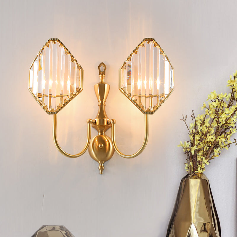 1/2-Light Crystal Prism Wall Mount Fixture with Rhombus Shade Modernism Wall Lighting in Gold Clearhalo 'Cast Iron' 'Glass' 'Industrial' 'Modern wall lights' 'Modern' 'Tiffany' 'Traditional wall lights' 'Wall Lamps & Sconces' 'Wall Lights' Lighting' 161525