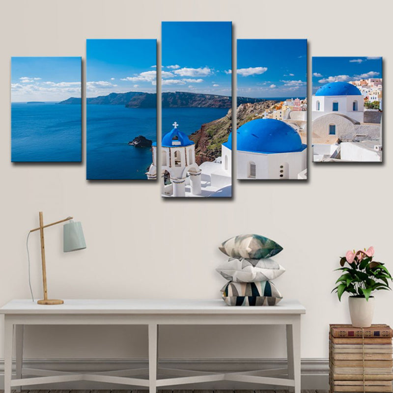 Foto Print Griechisch Santorini Leinwand Wandkunst für Wohnzimmer. Blau und weiß, mehrfach