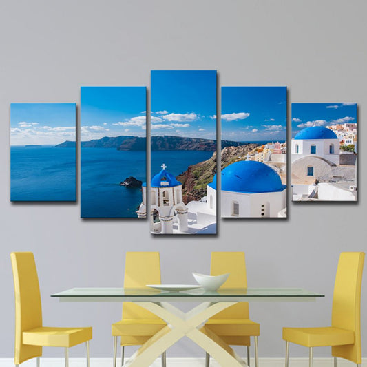 Foto Print Griechisch Santorini Leinwand Wandkunst für Wohnzimmer. Blau und weiß, mehrfach