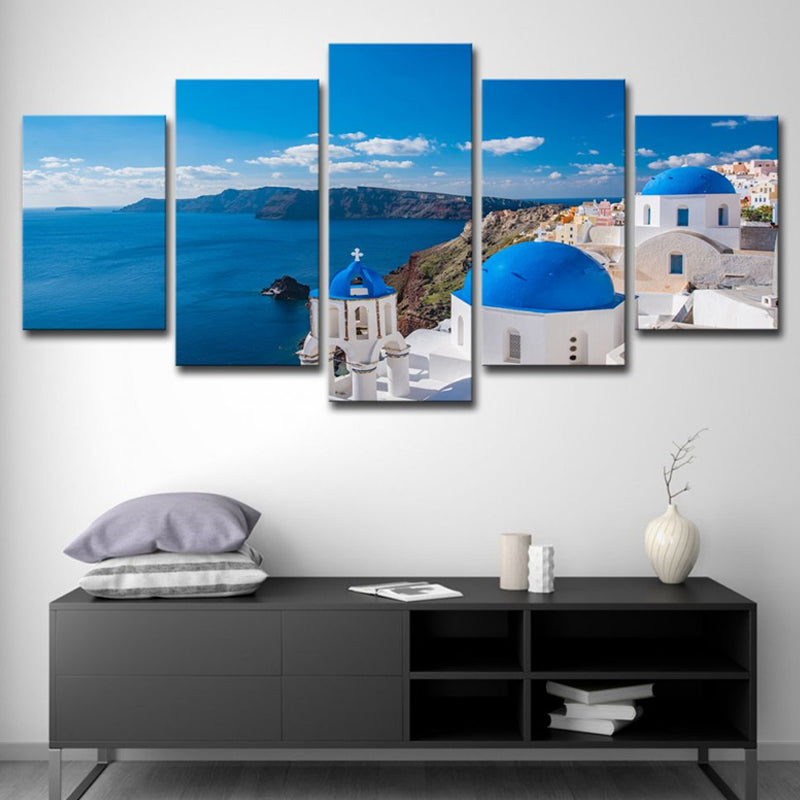 Foto Print Griechisch Santorini Leinwand Wandkunst für Wohnzimmer. Blau und weiß, mehrfach