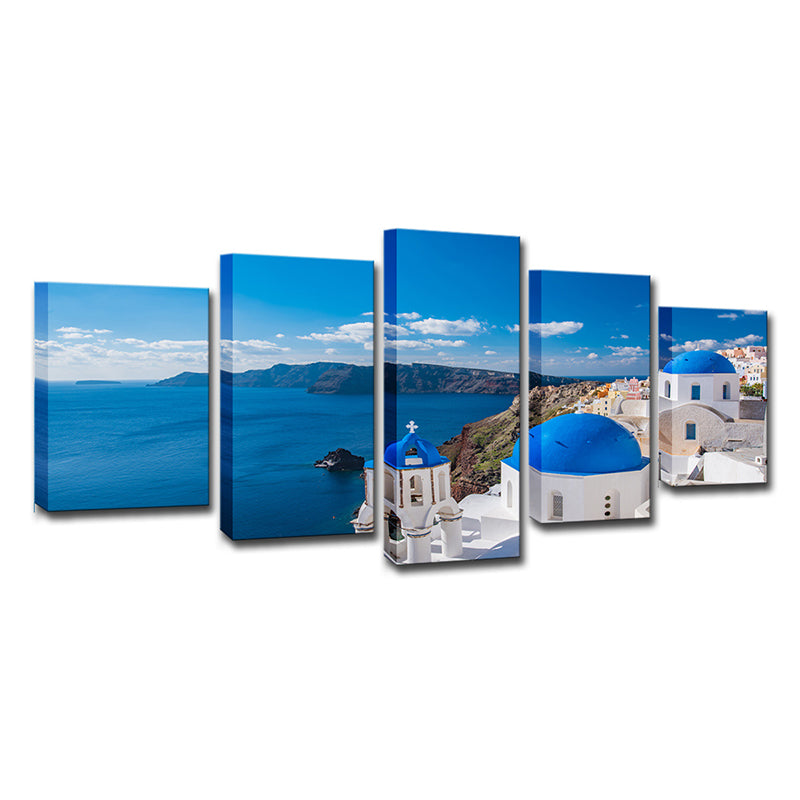 Stampa fotografica Greek Santorini Canvas Wall Art per soggiorno. Blu e bianco, multi-pezzo