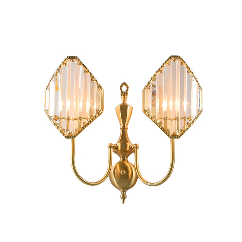 1/2-Light Crystal Prism Wall Mount Fixture with Rhombus Shade Modernism Wall Lighting in Gold Clearhalo 'Cast Iron' 'Glass' 'Industrial' 'Modern wall lights' 'Modern' 'Tiffany' 'Traditional wall lights' 'Wall Lamps & Sconces' 'Wall Lights' Lighting' 161526