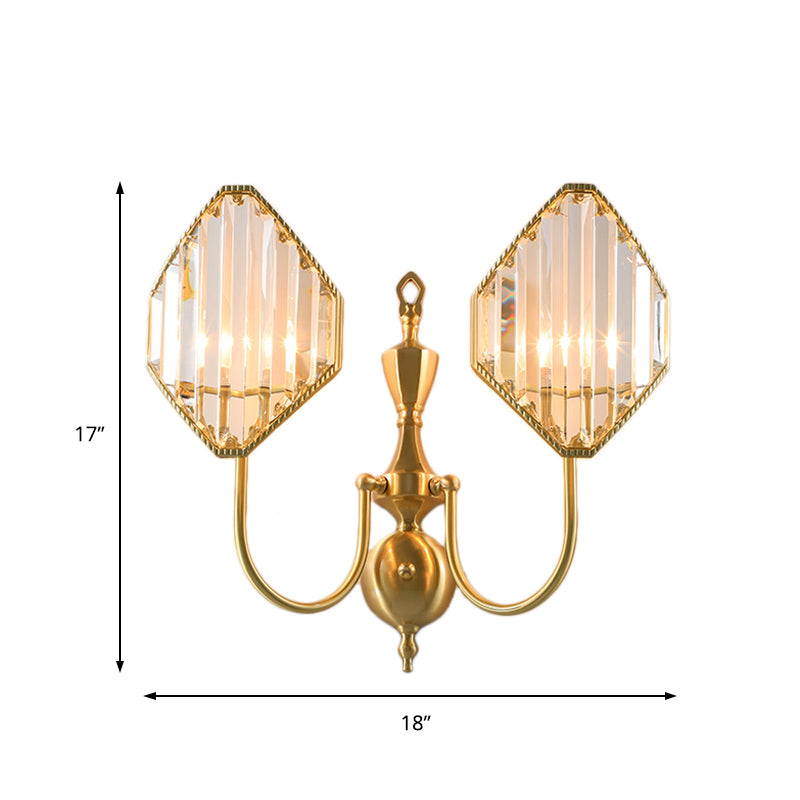 1/2-Light Crystal Prism Wall Mount Fixture with Rhombus Shade Modernism Wall Lighting in Gold Clearhalo 'Cast Iron' 'Glass' 'Industrial' 'Modern wall lights' 'Modern' 'Tiffany' 'Traditional wall lights' 'Wall Lamps & Sconces' 'Wall Lights' Lighting' 161527