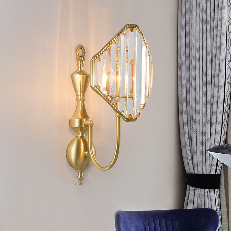 1/2-Light Crystal Prism Wall Mount Fixture with Rhombus Shade Modernism Wall Lighting in Gold 1.0 Gold Clearhalo 'Cast Iron' 'Glass' 'Industrial' 'Modern wall lights' 'Modern' 'Tiffany' 'Traditional wall lights' 'Wall Lamps & Sconces' 'Wall Lights' Lighting' 161528