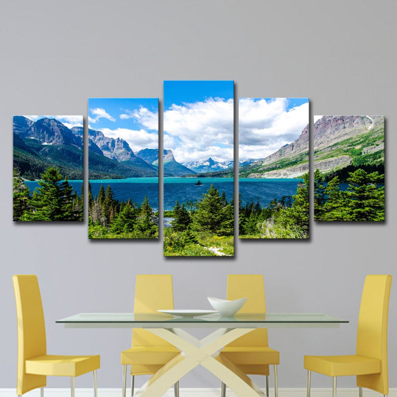 St Mary Lake Scenery Canvas Art Modern Multi-Piece Family Room Wall Decor in Sky Blue Clearhalo 'Art Gallery' 'Canvas Art' 'Contemporary Art Gallery' 'Modern' Arts' 1615386