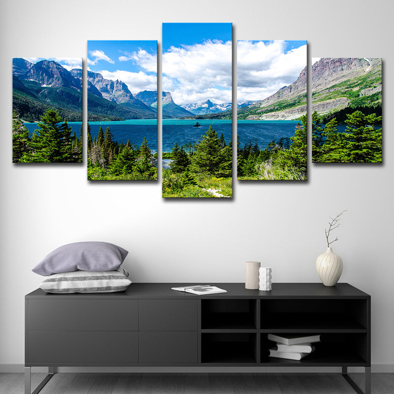 St Mary Lake Scenery Canvas Art Modern Multi-Piece Family Room Wall Decor in Sky Blue Clearhalo 'Art Gallery' 'Canvas Art' 'Contemporary Art Gallery' 'Modern' Arts' 1615387